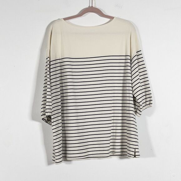 Talbots Plus Top Blouse Womens Sz 2XP Beige Striped Button Detail Short Sleeve - Picture 3 of 8